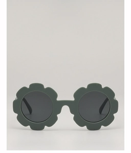 Vue détaillée des lunettes de soleil fleurs pour enfants en vert olive mat et verres foncés