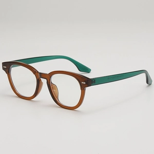 Retro round glasses frame in brown and forest green finish with metal hinges