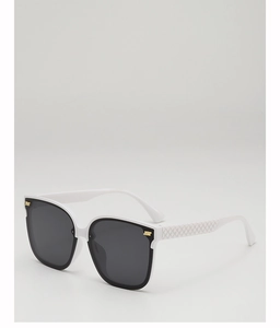 Detail of square white frame sunglasses with quilted texture temples and metal accents