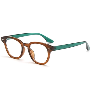 Retro round glasses frame with amber brown front and teal translucent temples