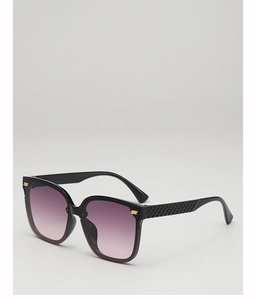 Detail of black square sunglasses with purple gradient lenses and woven temple design
