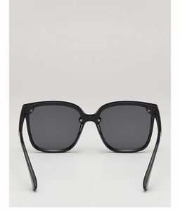 Detailed back view of black square sunglasses showing sturdy hinges and grooved temple tips
