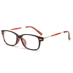 Retro square tortoiseshell eyeglass frame with slim gold metal temples on white background
