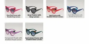Cat eye sunglasses detail grid showing colorful frames and varied lens tint options