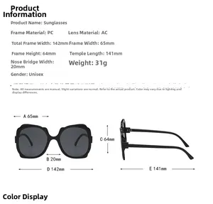 Detailed size chart of oversized fashion sunglasses with PC frame and AC lenses measurements