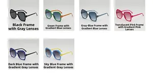 Detailed grid of oversized sunglasses in six assorted gradient colors and lightweight frames