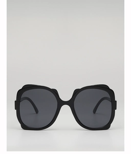 Front view detail of stylish black oversized square sunglasses with a polished finish