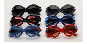 Multiple color variations of geometric polygon sunglasses with wide temples shown in grid