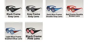 Detail view of colorful irregular geometric sunglasses in six distinct hip-hop frame styles