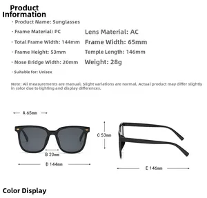 Detailed size specifications for square frame sunglasses with PC frame and AC lenses