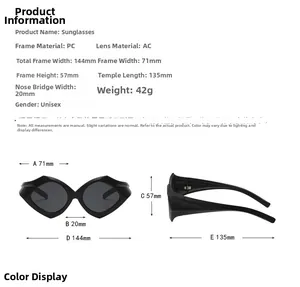 Detailed size guide for geometric wide temple sunglasses with PC frame and AC lens measurements