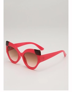 Detailed side view of cat-eye sunglasses with bold pink frames and brown accents