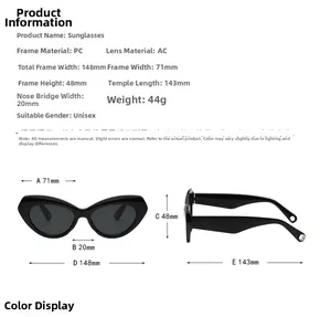 Detailed size guide for cat eye sunglasses with frame width 148mm and PC material specs