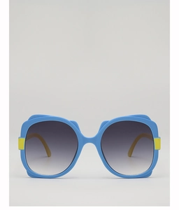 Detailed view of sky blue square frame kids sunglasses with cute cat ear design and yellow accents