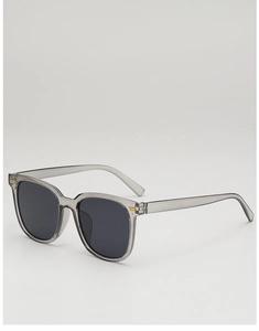 Detail of square sunglasses with translucent grey frame and elegant metal hinge accent