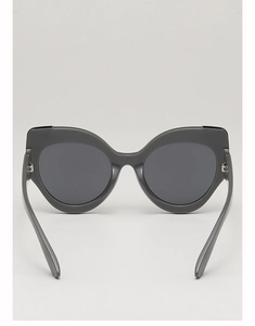 Rear view of oversized cat eye sunglasses with dark gray frames and polished finish