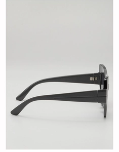 Side view of black cat-eye sunglasses featuring thick temples and a sleek glossy finish