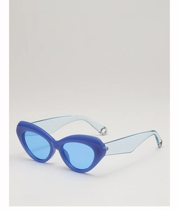 Detail view of cat eye sunglasses with purple frames and translucent blue temples