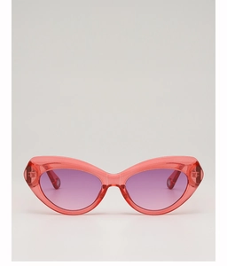Close-up of translucent pink cat-eye sunglasses with gradient purple lenses for women