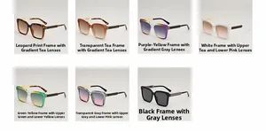 Detailed grid view showing seven trendy square oversized sunglasses in gradient colors