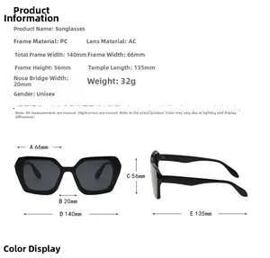 Detailed dimension chart showing sizes and weight for polygon frame sunglasses