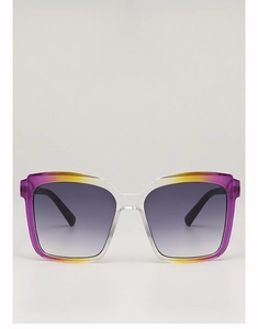 Front view of square oversized sunglasses with purple yellow gradient frames and grey lenses