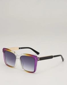 Close-up of square gradient sunglasses frame with gold metal hinge and purple lenses
