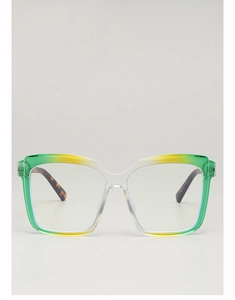 Detail of square gradient frame glasses with tortoiseshell patterns on temples