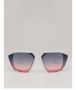 Detail shot of white geometric polygonal sunglasses frame with gradient purple lenses