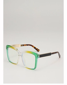 Detail of square oversized frames with yellow-green gradient and mixed metal temples