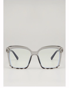 Close-up of translucent grey square frames with blue light blocking lenses and black arms