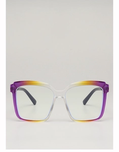 Close-up of stylish gradient purple to yellow square frame glasses with black temples