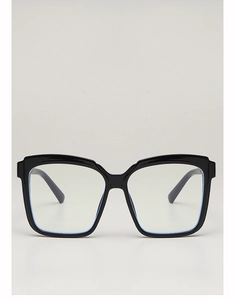 Close-up of square black sunglasses frame featuring a stylish inner blue trim design