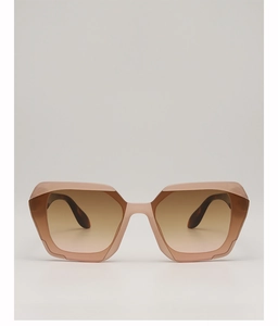 Detailed view of square geometric sunglasses with two-tone frame and gradient lenses
