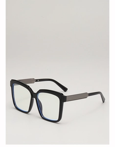 Detail of square black frame with blue inner accent and metal hinge decoration