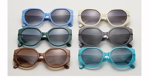 Matrix display of six assorted colors of thick geometric frame retro sunglasses