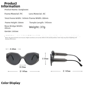 Detailed size chart showing dimensions of the round retro two-tone full-rim sunglasses