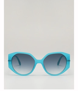 Front view of bright blue oversized cat-eye sunglasses with gradient grey-blue lenses