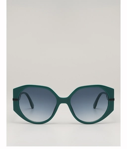 Front view of dark green oversized geometric sunglasses with gradient lenses and shiny finish