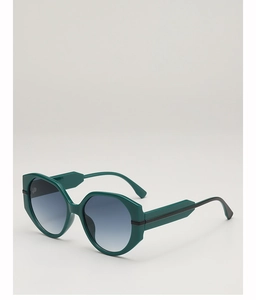 Macro detail of dark green geometric sunglasses with blue gradient lenses and wide temples