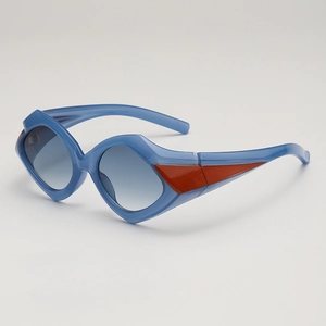 Futuristic polygon sunglasses with blue and red contrast frames and gradient lenses