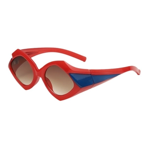 Red geometric sunglasses with blue contrast temples and brown gradient lenses