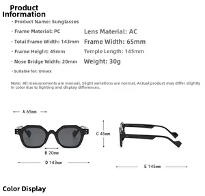Detailed size chart for retro polygon sunglasses showing frame width and lens dimensions