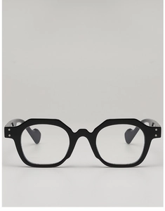 Detail of black geometric octagonal frames with silver rivets and polished finish