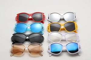 Matrix layout of large square punk sunglasses in eight vibrant colors for outdoor styling