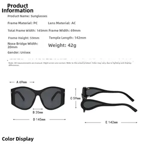Detailed dimension chart showing oversize punk sunglasses frame and lens measurements