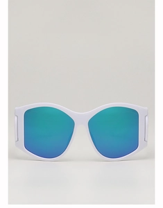 Detail of oversized white matte sunglasses with blue-green gradient reflective lenses