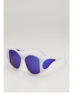 Detail of white oversized punk sunglasses with purple gradient lenses and flame wing frame