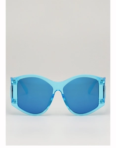 Close-up of oversized punk style sunglasses with light blue frame and dark blue lenses