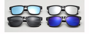 Detailed grid of retro square sunglasses with four lens colors including blue and purple